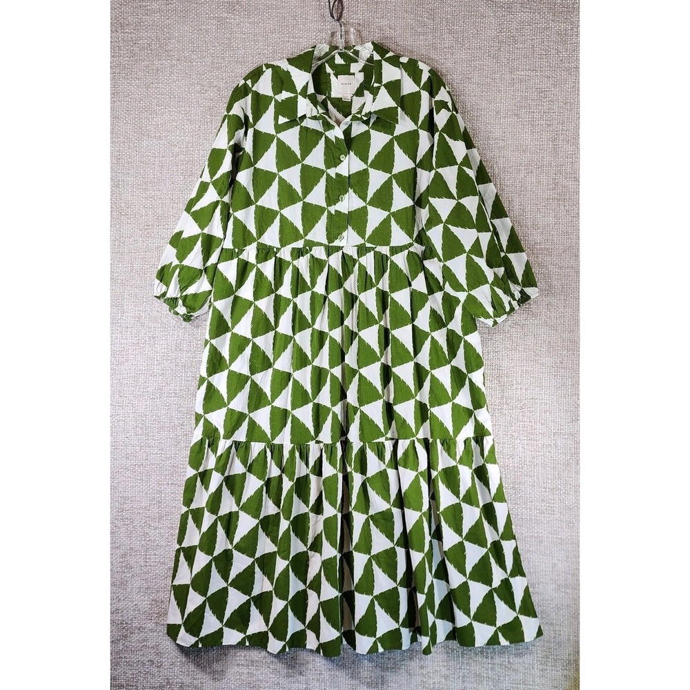Anthropologie Maeve Bettina Shirt Dress Womens LP Petite Green White Triangles - Picture 2 of 13